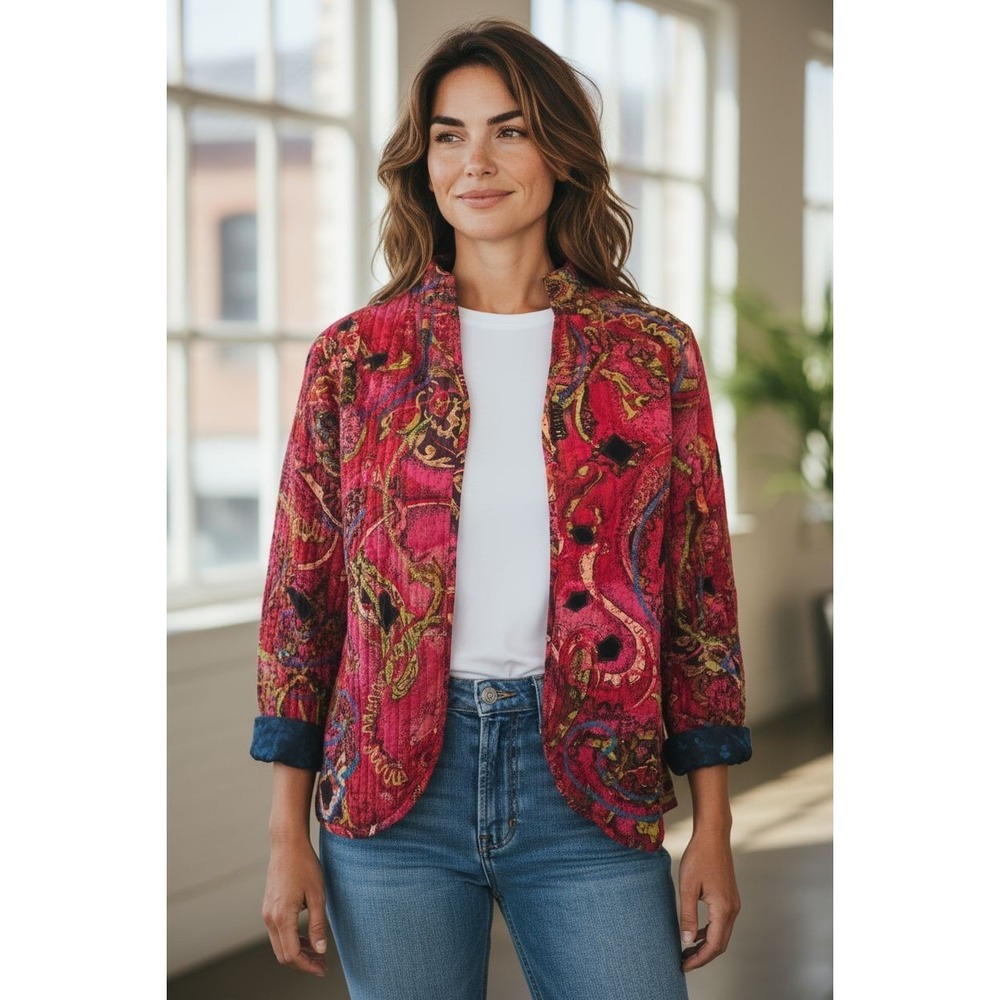 VTG 90s Y2K Chico's 100% Silk Art to Wear Boho Paisley Beaded Jacket SZ 1 Medium